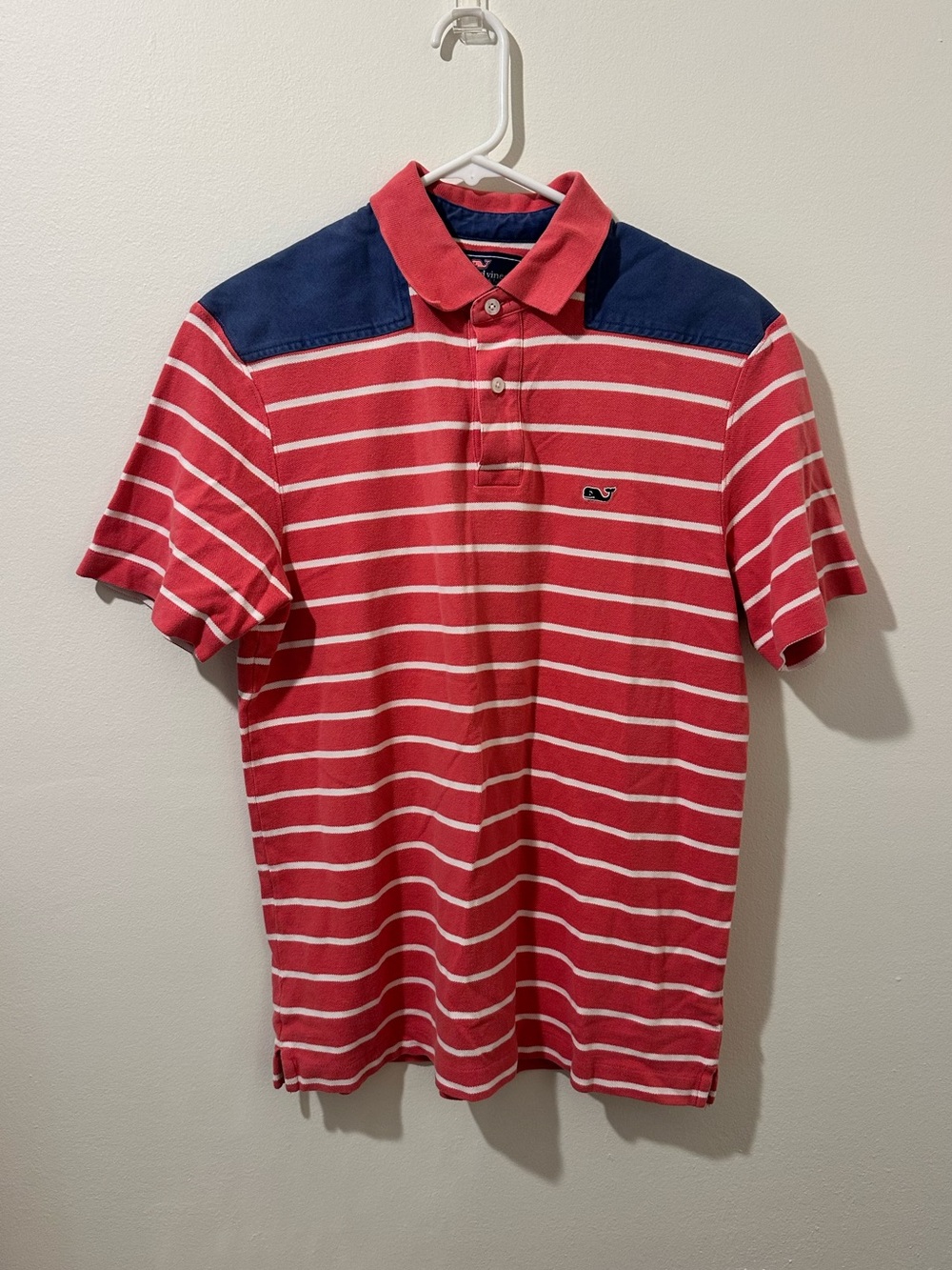 Vineyard Vines Coral Red Striped Polo with Navy Yoke